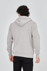 Erkek 3 İplik Pamuklu Fermuarlı Kapüşonlu Kanguru Cepli Baskılı Hoodie Hırka Sweatshirt - Boyalı Gri
