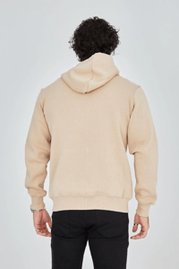 Erkek 3 İplik Pamuklu Fermuarlı Kapüşonlu Kanguru Cepli Baskılı Hoodie Hırka Sweatshirt - Bej