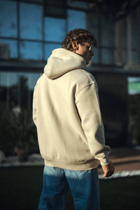 Erkek 3 İplik Pamuklu Kapüşonlu Basic SweatShirt Hoodie - Bej