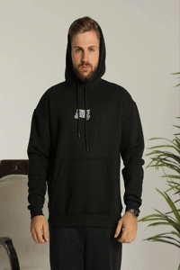 Erkek 3 İplik Pamuklu Kapüşonlu Baskılı Cepli Oversize Sweatshirt Hoodie - Siyah
