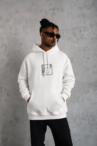 Erkek 3 İplik Pamuklu Kapüşonlu Baskılı Cepli Oversize Sweatshirt Hoodie - Beyaz