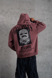 Erkek 3 İplik Pamuklu Kapüşonlu Baskılı Cepli Oversize Sweatshirt Hoodie - Gül Kurusu