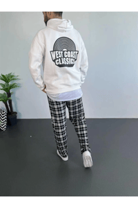 Erkek 3 İplik Pamuklu Kapüşonlu Baskılı Cepli Oversize Sweatshirt Hoodie - Beyaz