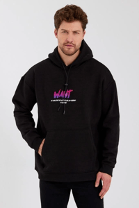 Erkek 3 İplik Pamuklu Kapüşonlu Baskılı Cepli Oversize Sweatshirt Hoodie - Siyah