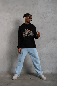 Erkek 3 İplik Pamuklu Kapüşonlu Baskılı Cepli Oversize Sweatshirt Hoodie - Siyah