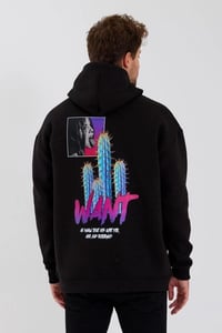 Erkek 3 İplik Pamuklu Kapüşonlu Baskılı Cepli Oversize Sweatshirt Hoodie - Siyah