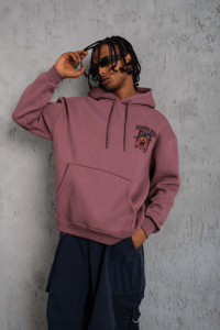 Erkek 3 İplik Pamuklu Kapüşonlu Baskılı Cepli Oversize Sweatshirt Hoodie - Gül Kurusu