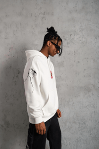 Erkek 3 İplik Pamuklu Kapüşonlu Baskılı Cepli Oversize Sweatshirt Hoodie - Beyaz