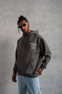 Erkek 3 İplik Pamuklu Kapüşonlu Baskılı Cepli Oversize Sweatshirt Hoodie - Gri