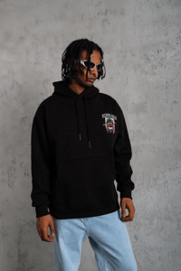 Erkek 3 İplik Pamuklu Kapüşonlu Baskılı Cepli Oversize Sweatshirt Hoodie - Siyah