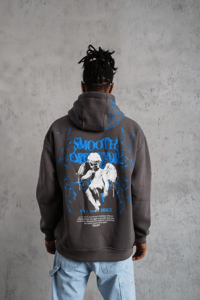 Erkek 3 İplik Pamuklu Kapüşonlu Baskılı Cepli Oversize Sweatshirt Hoodie - Gri
