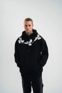 Erkek 3 İplik Pamuklu Kapüşonlu Baskılı Cepli Oversize Sweatshirt Hoodie - Siyah