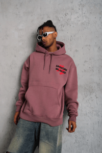Erkek 3 İplik Pamuklu Kapüşonlu Baskılı Cepli Oversize Sweatshirt Hoodie - Gül Kurusu