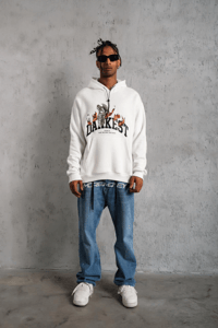 Erkek 3 İplik Pamuklu Kapüşonlu Baskılı Cepli Oversize Sweatshirt Hoodie - Beyaz