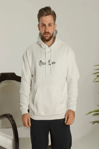 Erkek 3 İplik Pamuklu Kapüşonlu Baskılı Cepli Oversize Sweatshirt Hoodie - Beyaz