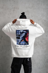 Erkek 3 İplik Pamuklu Kapüşonlu Baskılı Cepli Oversize Sweatshirt Hoodie - Beyaz