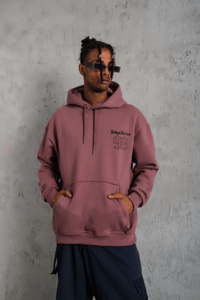 Erkek 3 İplik Pamuklu Kapüşonlu Baskılı Cepli Sweatshirt Hoodie - Gül Kurusu