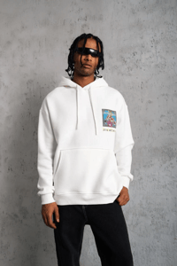 Erkek 3 İplik Pamuklu Kapüşonlu Baskılı Cepli Oversize Sweatshirt Hoodie - Beyaz