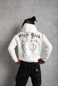 Erkek 3 İplik Pamuklu Kapüşonlu Baskılı Cepli Oversize Sweatshirt Hoodie - Beyaz