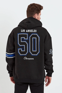Erkek 3 İplik Pamuklu Kapüşonlu Baskılı Cepli Oversize Sweatshirt Hoodie - Siyah