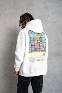 Erkek 3 İplik Pamuklu Kapüşonlu Baskılı Cepli Oversize Sweatshirt Hoodie - Beyaz