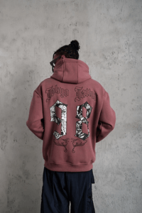 Erkek 3 İplik Pamuklu Kapüşonlu Baskılı Cepli Sweatshirt Hoodie - Gül Kurusu
