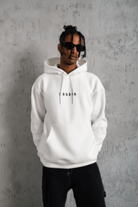 Erkek 3 İplik Pamuklu Kapüşonlu Baskılı Cepli Oversize Sweatshirt Hoodie - Beyaz