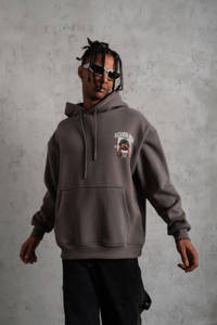 Erkek 3 İplik Pamuklu Kapüşonlu Baskılı Cepli Oversize Sweatshirt Hoodie - Gri