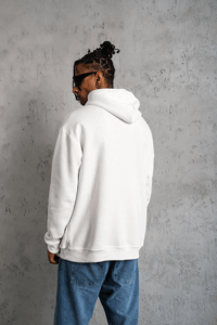 Erkek 3 İplik Pamuklu Kapüşonlu Baskılı Cepli Oversize Sweatshirt Hoodie - Beyaz