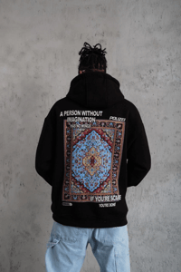Erkek 3 İplik Pamuklu Kapüşonlu Baskılı Cepli Oversize Sweatshirt Hoodie - Siyah