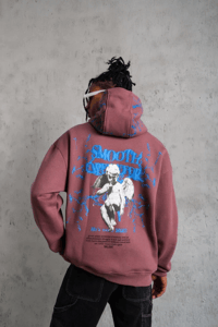 Erkek 3 İplik Pamuklu Kapüşonlu Baskılı Cepli Sweatshirt Hoodie - Gül Kurusu