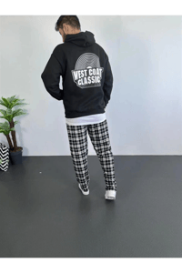 Erkek 3 İplik Pamuklu Kapüşonlu Baskılı Cepli Oversize Sweatshirt Hoodie - Siyah