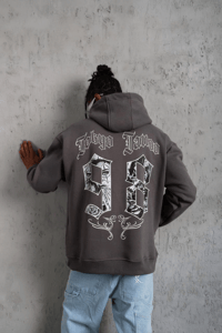 Erkek 3 İplik Pamuklu Kapüşonlu Baskılı Cepli Oversize Sweatshirt Hoodie - Gri
