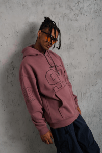 Erkek 3 İplik Pamuklu Kapüşonlu Baskılı Cepli Sweatshirt Hoodie - Gül Kurusu