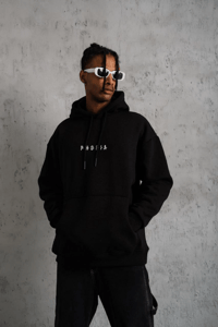 Erkek 3 İplik Pamuklu Kapüşonlu Baskılı Cepli Oversize Sweatshirt Hoodie - Siyah