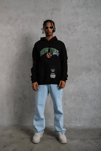 Erkek 3 İplik Pamuklu Kapüşonlu Baskılı Cepli Oversize Sweatshirt Hoodie - Siyah