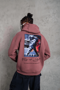 Erkek 3 İplik Pamuklu Kapüşonlu Baskılı Cepli Oversize Sweatshirt Hoodie - Gül Kurusu