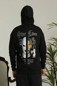 Erkek 3 İplik Pamuklu Kapüşonlu Baskılı Cepli Oversize Sweatshirt Hoodie - Siyah