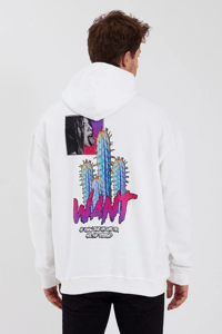 Erkek 3 İplik Pamuklu Kapüşonlu Baskılı Cepli Oversize Sweatshirt Hoodie - Beyaz