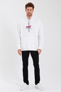 Erkek 3 İplik Pamuklu Kapüşonlu Baskılı Cepli Oversize Sweatshirt Hoodie - Beyaz