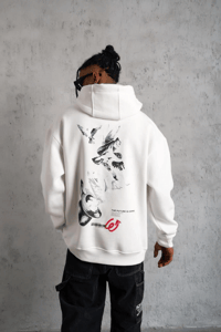 Erkek 3 İplik Pamuklu Kapüşonlu Baskılı Cepli Oversize Sweatshirt Hoodie - Beyaz