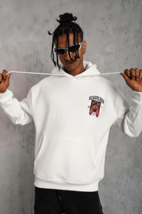 Erkek 3 İplik Pamuklu Kapüşonlu Baskılı Cepli Oversize Sweatshirt Hoodie - Beyaz