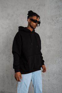 Erkek 3 İplik Pamuklu Kapüşonlu Kanguru Cepli Sweatshirt Hoodie -  Siyah