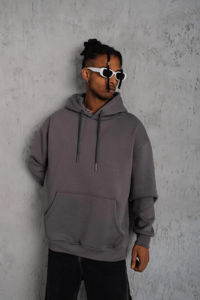 Erkek 3 İplik Pamuklu Kapüşonlu Kanguru Cepli Sweatshirt Hoodie - Gri