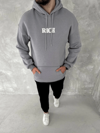 Erkek 3 İplik Pamuklu Kapüşonlu Kanguru Cepli Baskılı Oversize Hoodie Sweatshirt - Gri