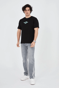 Erkek Baskılı T-Shirt Kısa Kol Bisiklet Yaka Regular Fit Rahat Kalıp Günlük Tişört - Siyah