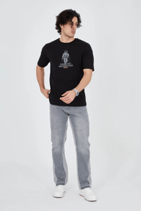 Erkek Baskılı T-Shirt Kısa Kol Bisiklet Yaka Regular Fit Rahat Kalıp Günlük Tişört - Siyah