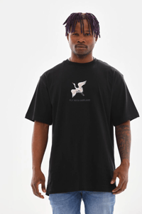 Erkek Baskılı T-Shirt Yazlık Kısa Kol Bisiklet Yaka Tişört - Siyah