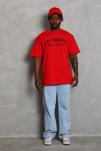 Erkek Baskılı Tişört Kısa Kol Bisiklet Yaka Oversize T-Shirt - Kırmızı