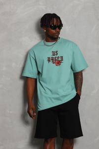 Erkek Baskılı Tişört Kısa Kol Bisiklet Yaka Oversize T-Shirt - Mint Yeşili